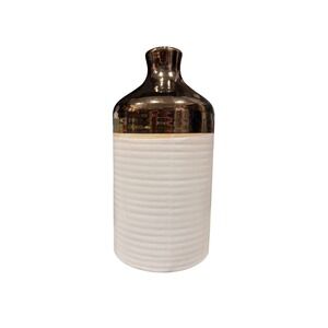 Ceramic Vase White Gold Metallic Shiny Top Embossed Ribbed Modern NEW Decor